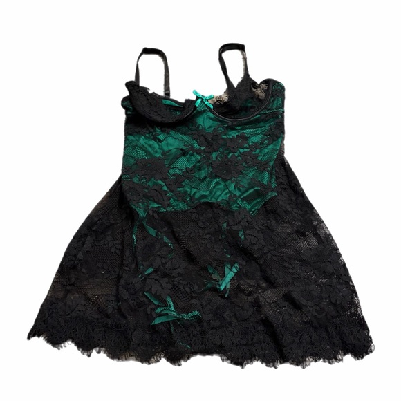 Y2K Vintage Dreamgirl Lace Corset Slip with Garters (Black/Green) Size Medium